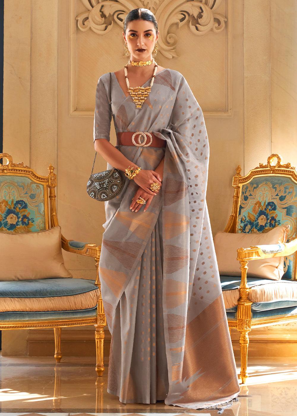 Lava Grey Zari Handloom Woven Tissue Silk Saree - qivii