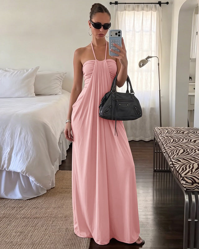 Halter Tie Back Built-in Bra Maxi Dress with Pockets - By Qivii