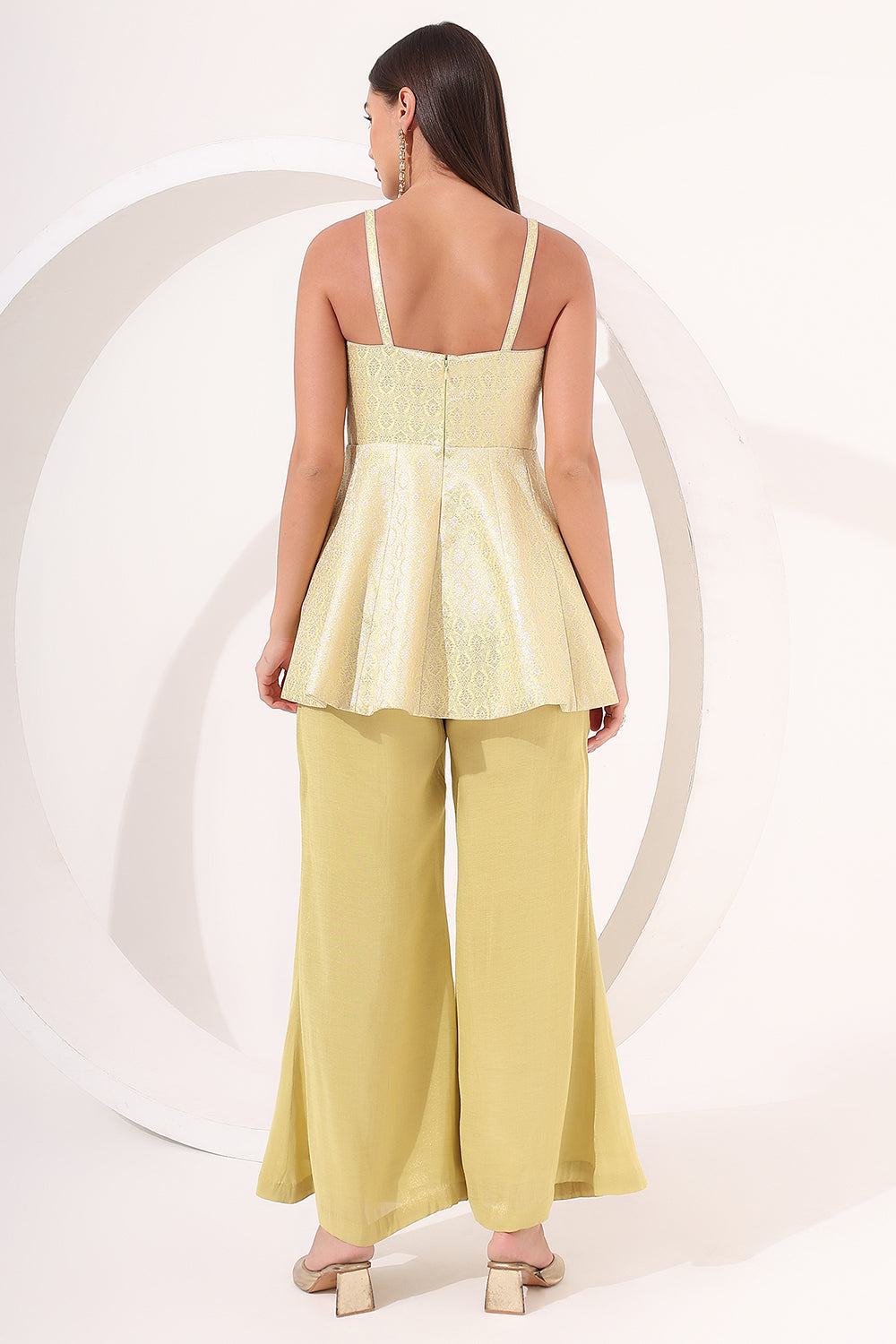Lemon Yellow Brocade Peplum Set