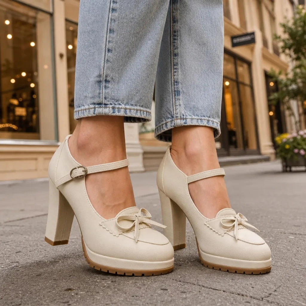 Beige Lilly women's orthopedic Mary Jane heels by Hudson Ridge, stylish and supportive women's footwear with adjustable straps.