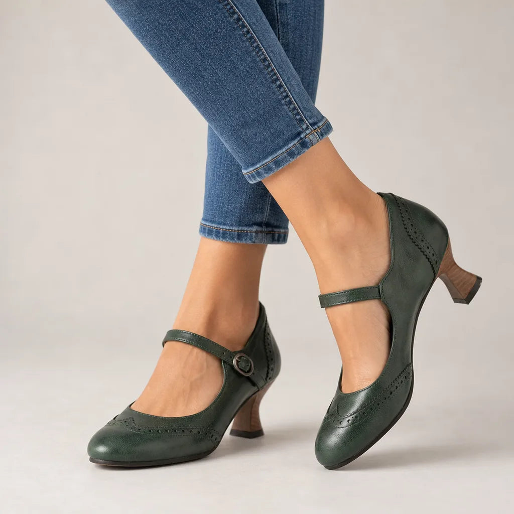 Green vintage Mary Jane heels for women by Hudson Ridge, featuring classic style and retro design in the Livingston collection.