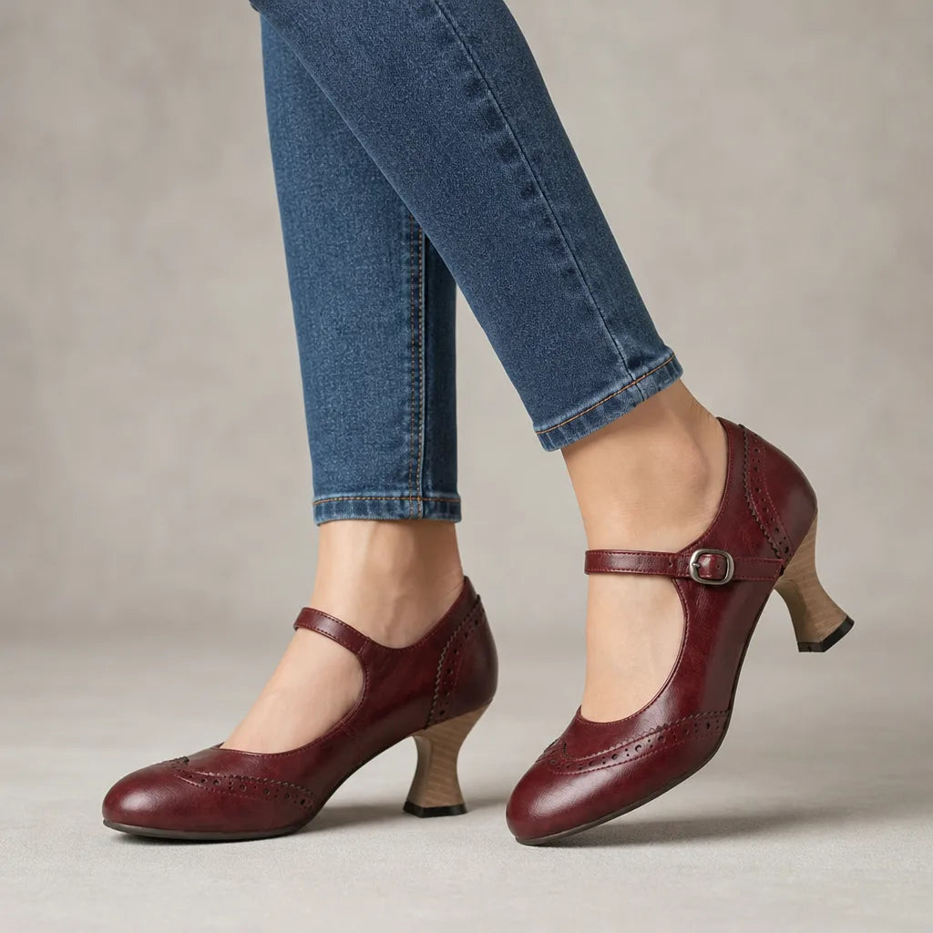 Red vintage Mary Jane heels for women by Hudson Ridge, stylish retro women's footwear with classic buckle detail.