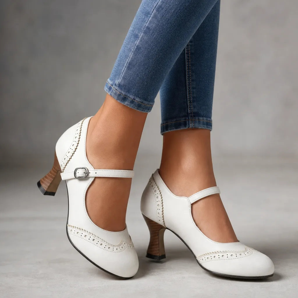 White Livingston women's vintage Mary Jane heels by Hudson Ridge, featuring classic strap design and low heel, perfect for vintage style.