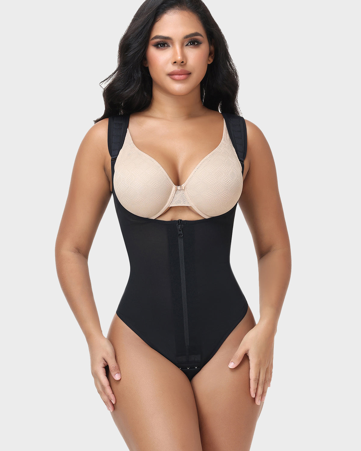 Open Bust Adjustable Strap Tummy Control Thong Bodysuit Zipper Shaper