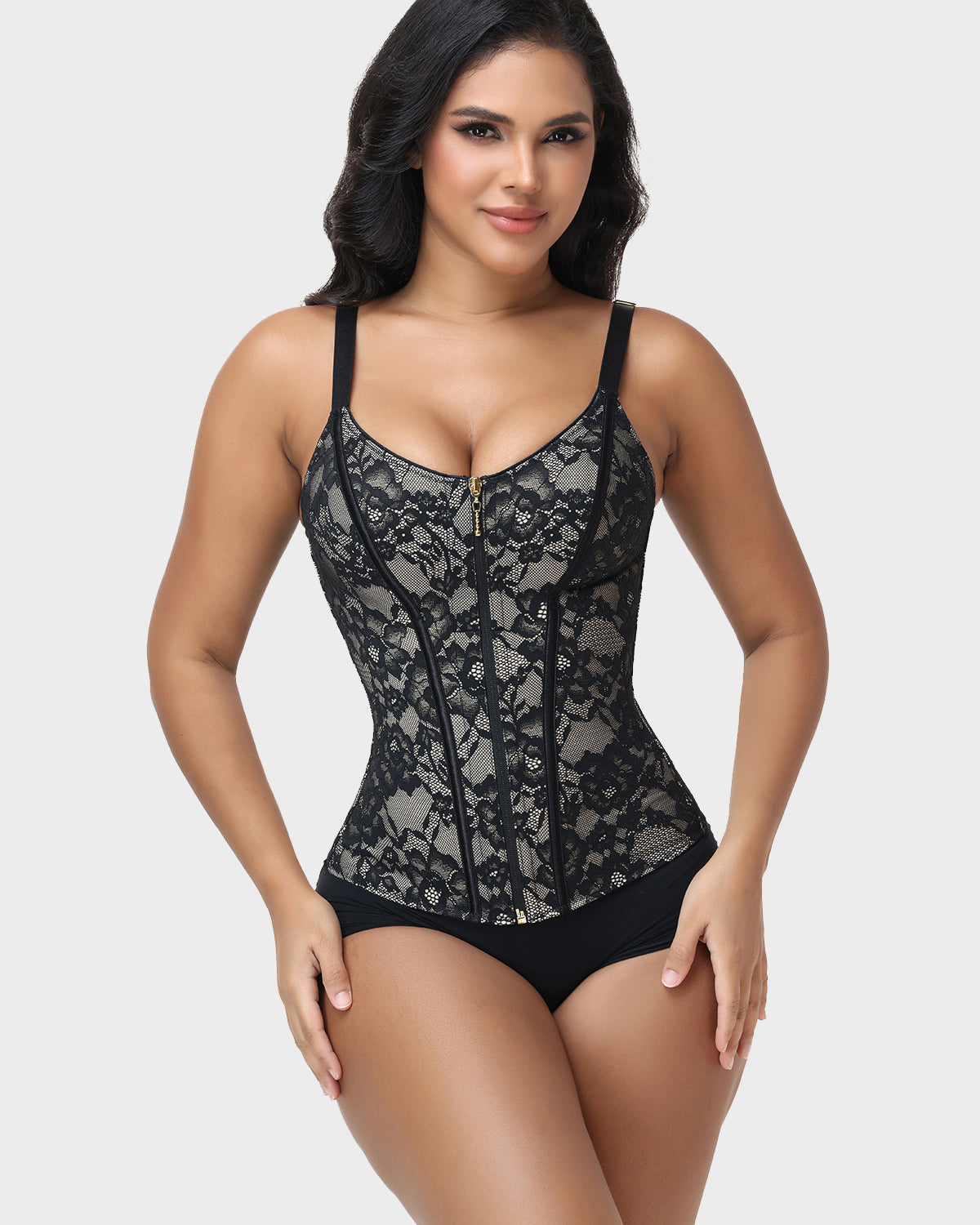 V Neck Full Lace Adjustable Strap Zipper Waist Trainer Faja Vest