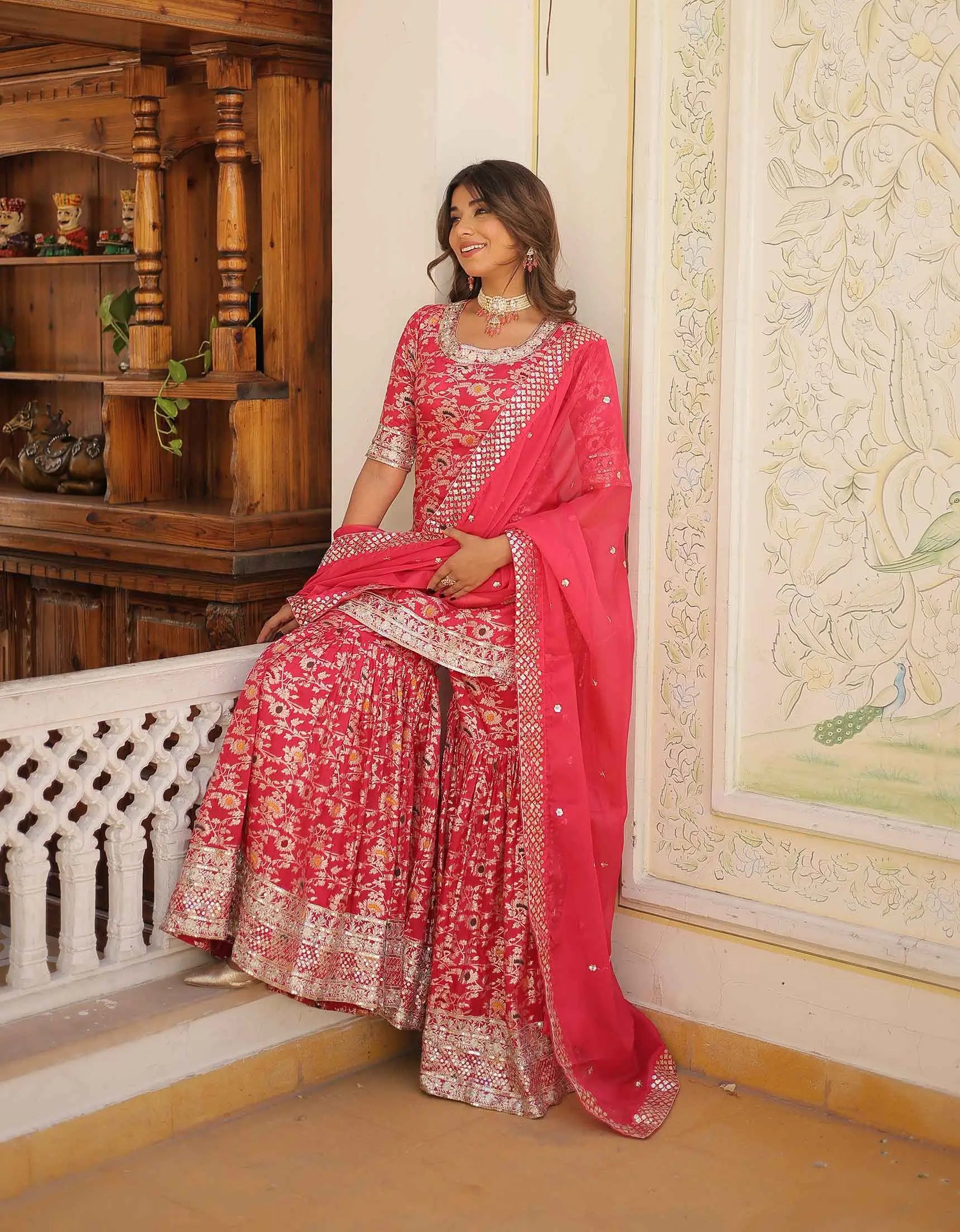 Pinkish Red Jacquard Embroidery Work Sharara Suit With Dupatta - qivii