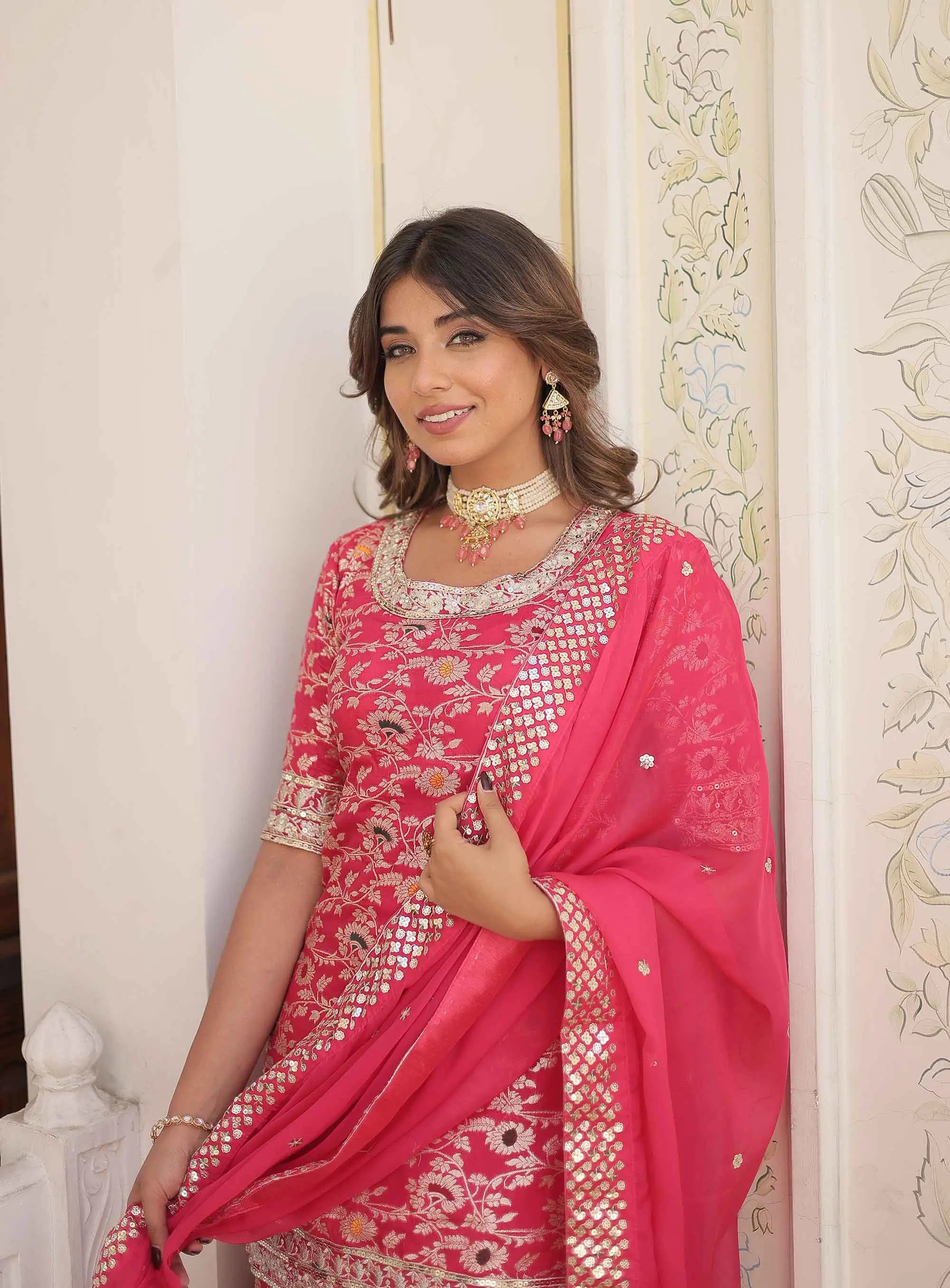 Pinkish Red Jacquard Embroidery Work Sharara Suit With Dupatta - qivii