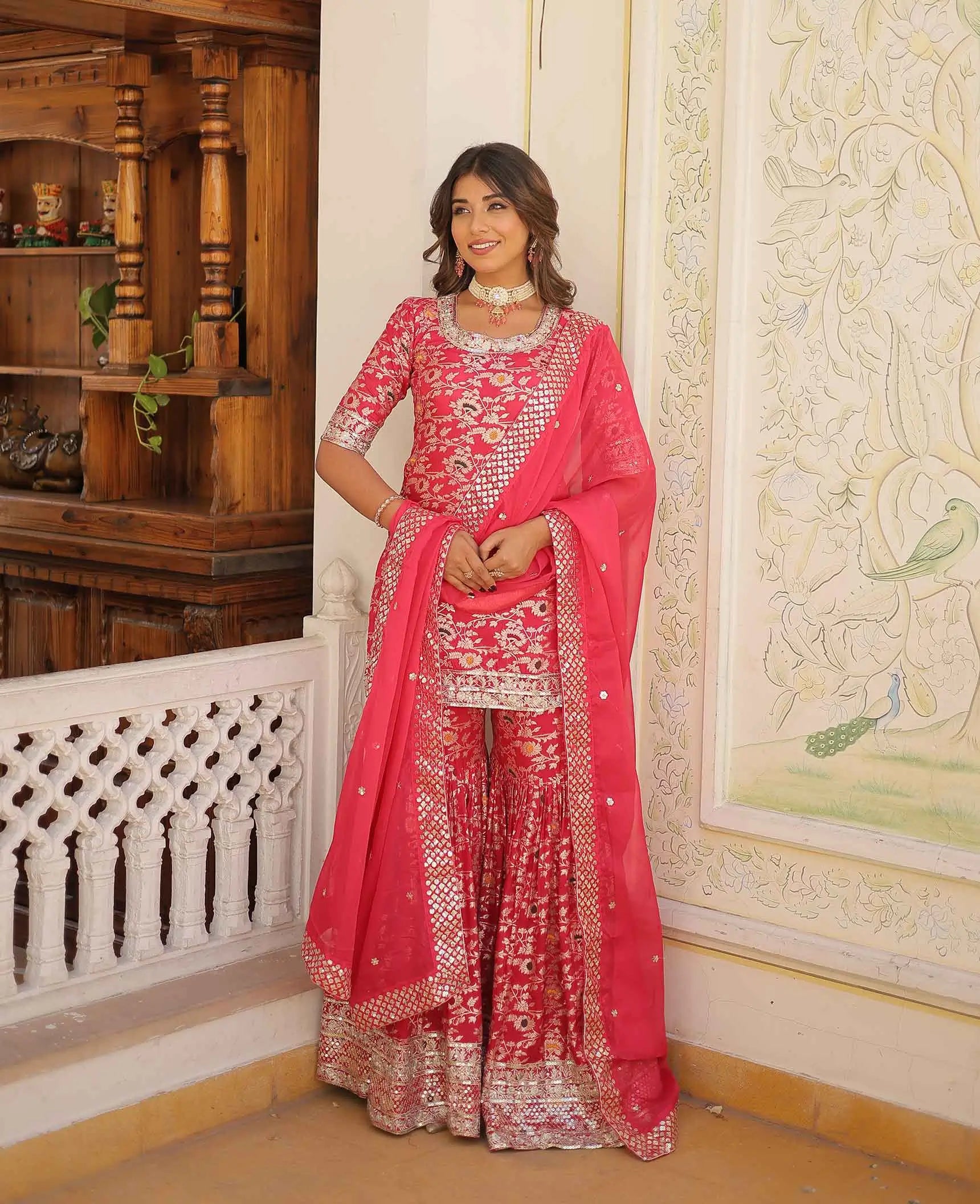 Pinkish Red Jacquard Embroidery Work Sharara Suit With Dupatta - qivii