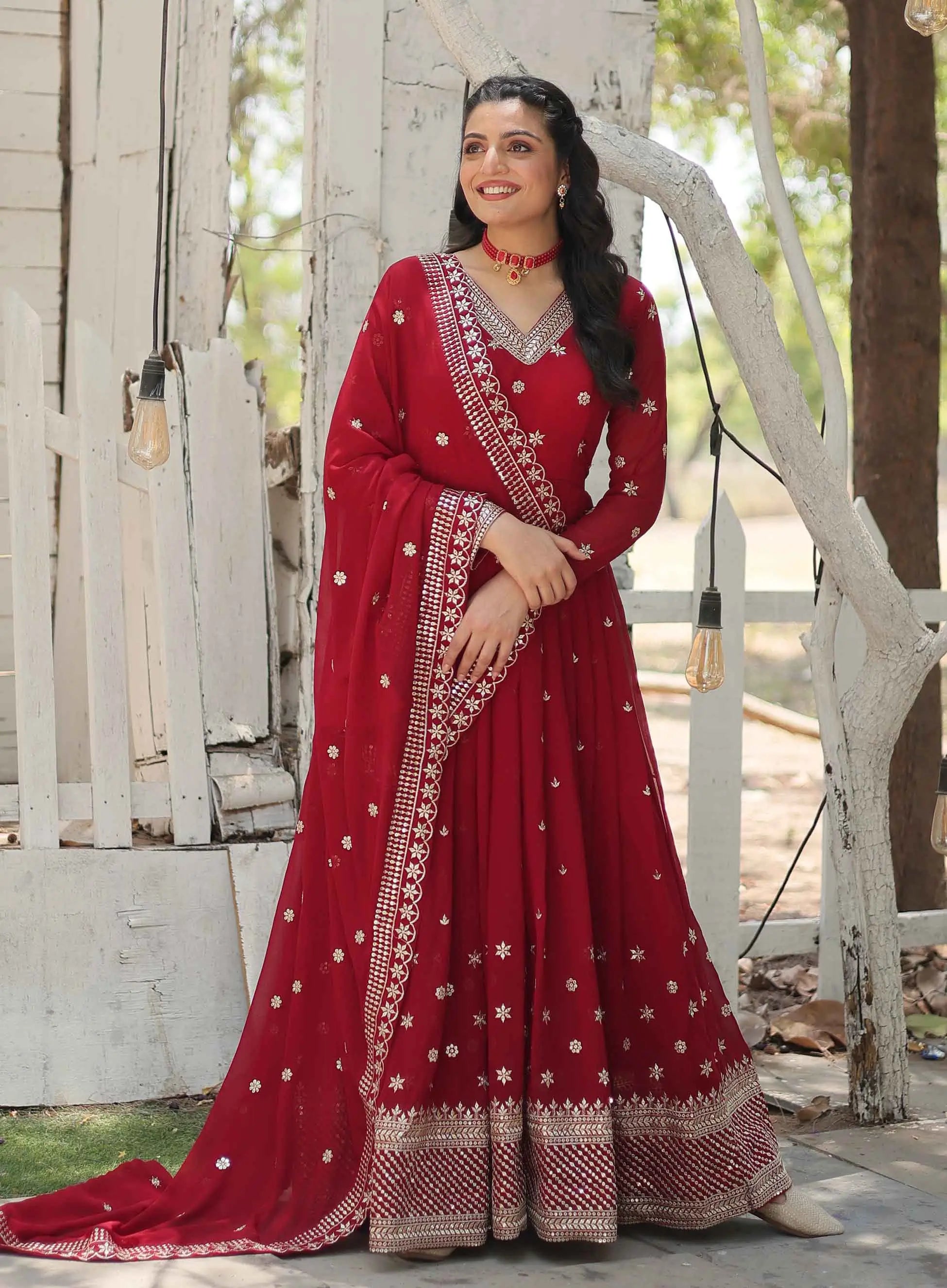 Merlot Red Gown Zari Sequins Embroidery Work And Dupatta - qivii