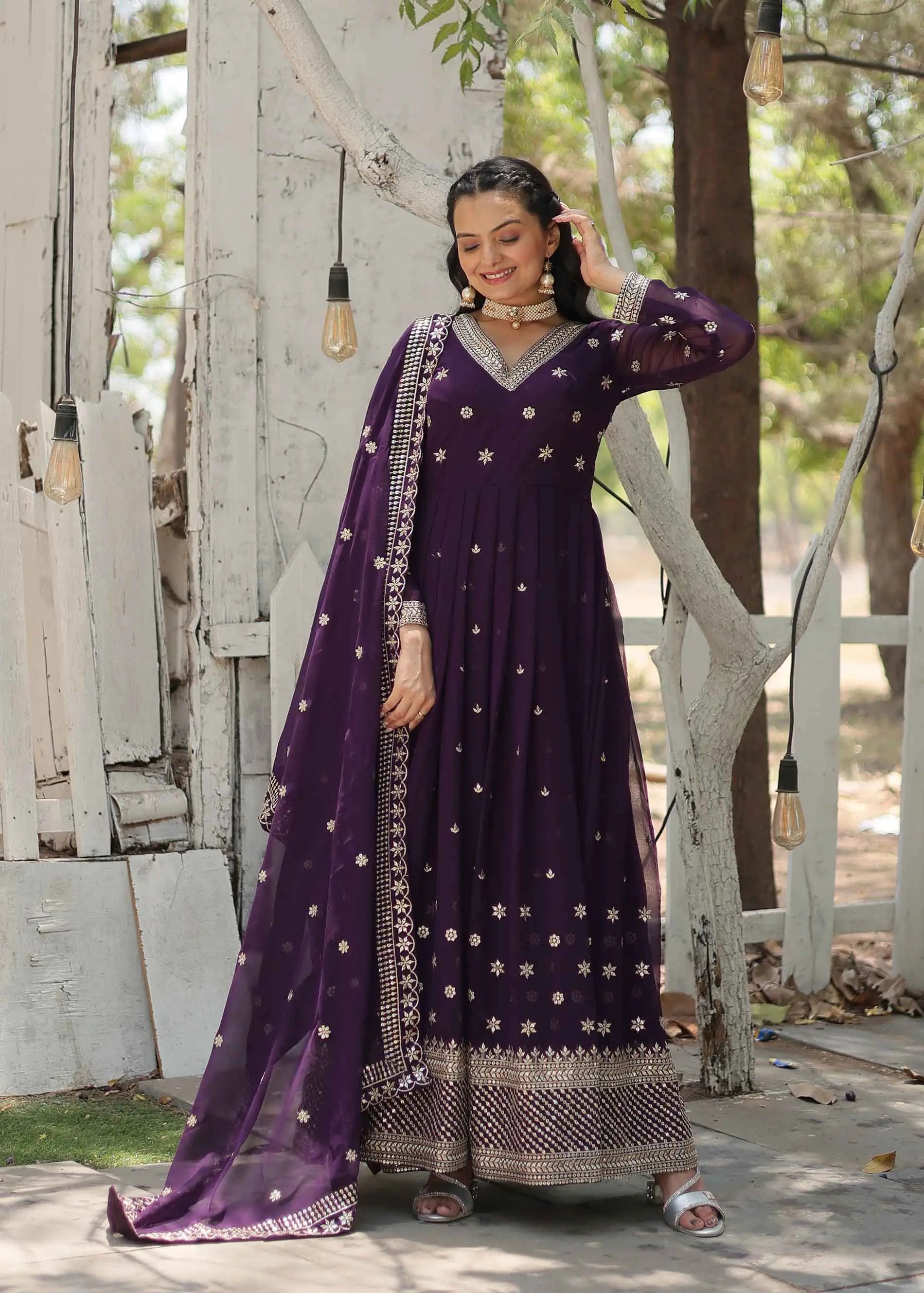 Dark Purple Gown Zari Sequins Embroidery Work And Dupatta - qivii