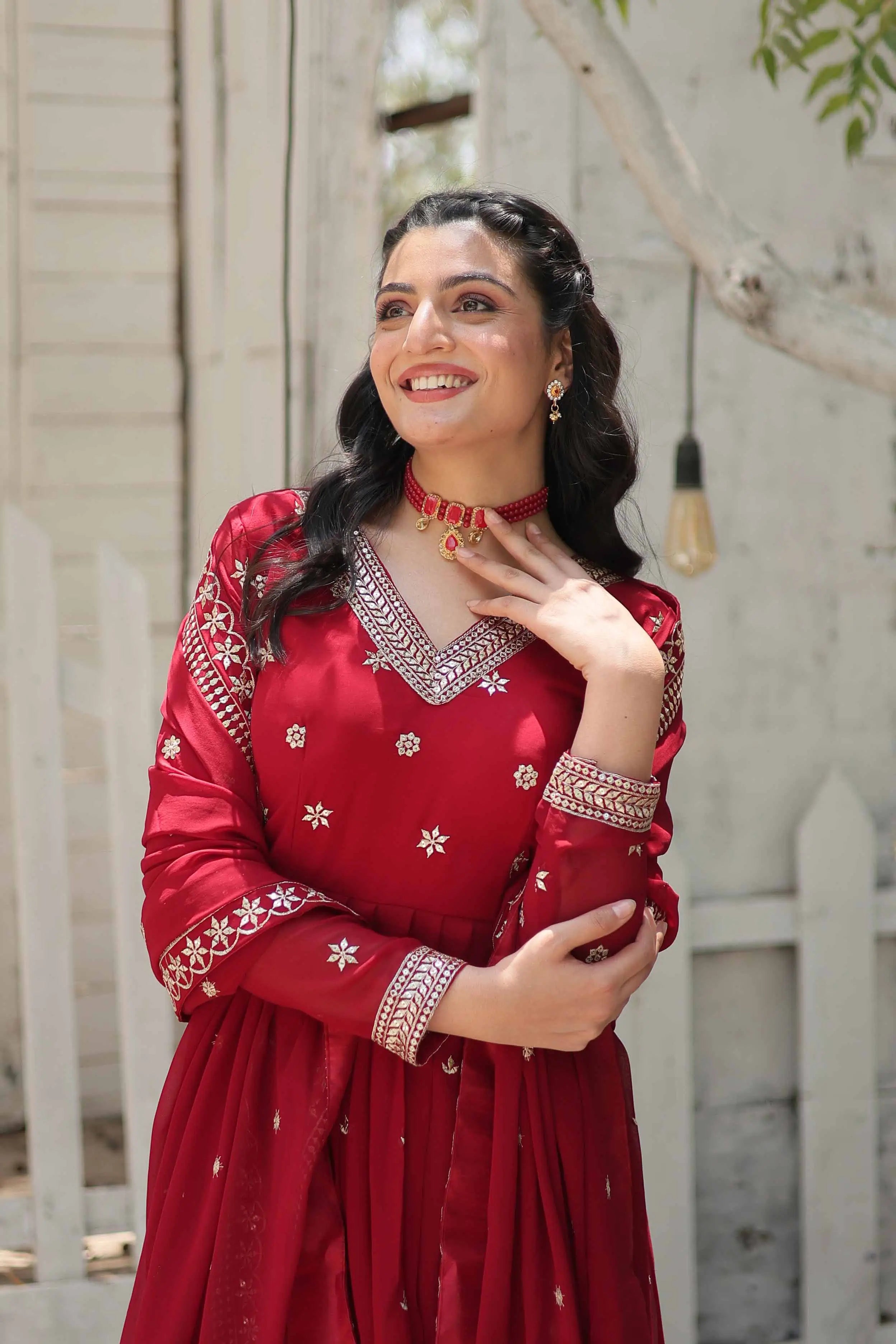 Merlot Red Gown Zari Sequins Embroidery Work And Dupatta