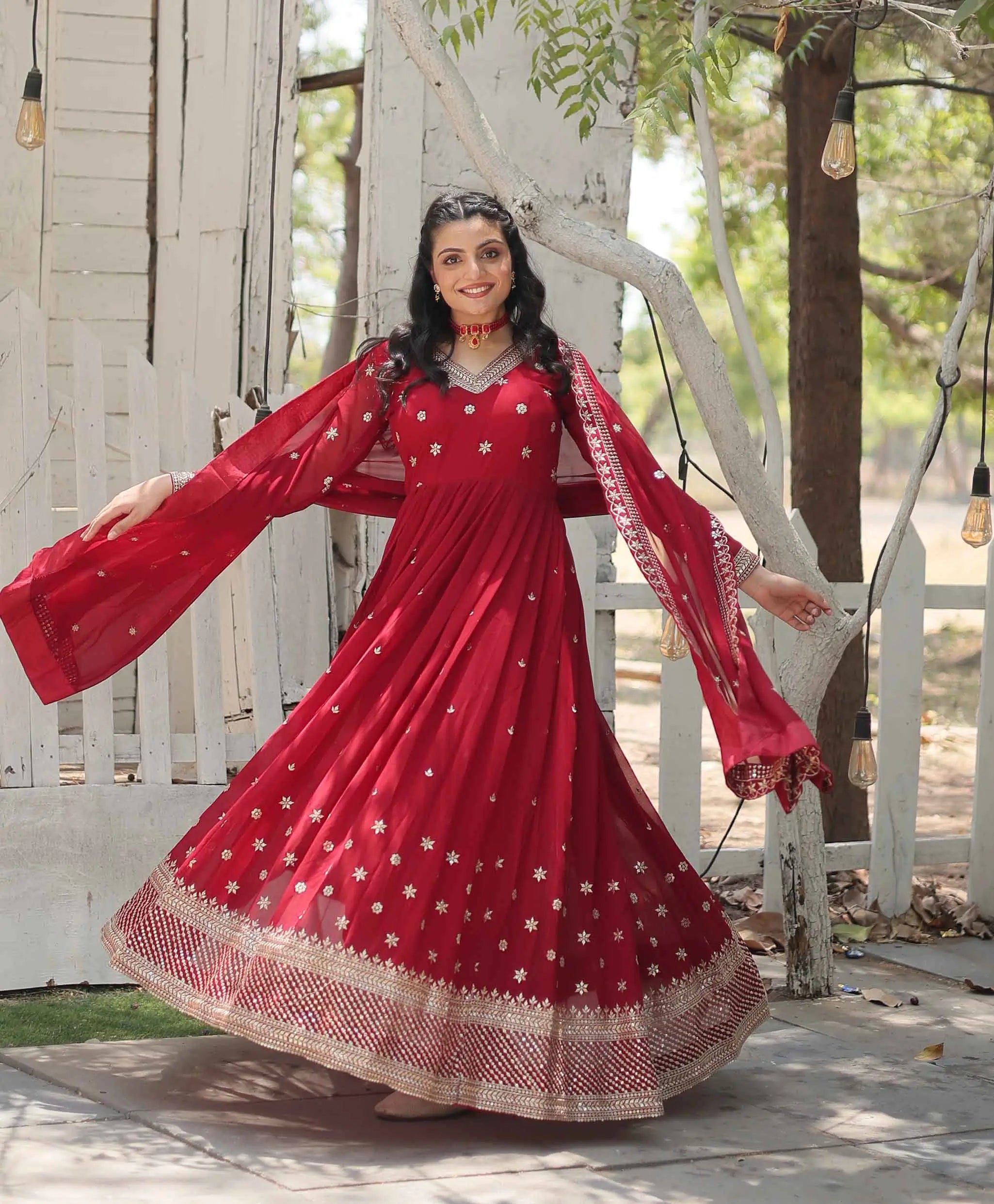 Merlot Red Gown Zari Sequins Embroidery Work And Dupatta - qivii