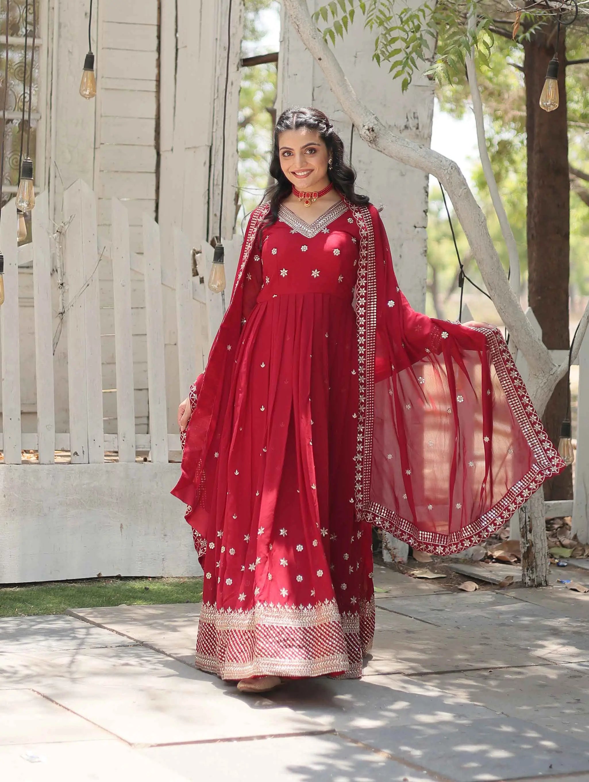 Merlot Red Gown Zari Sequins Embroidery Work And Dupatta - qivii
