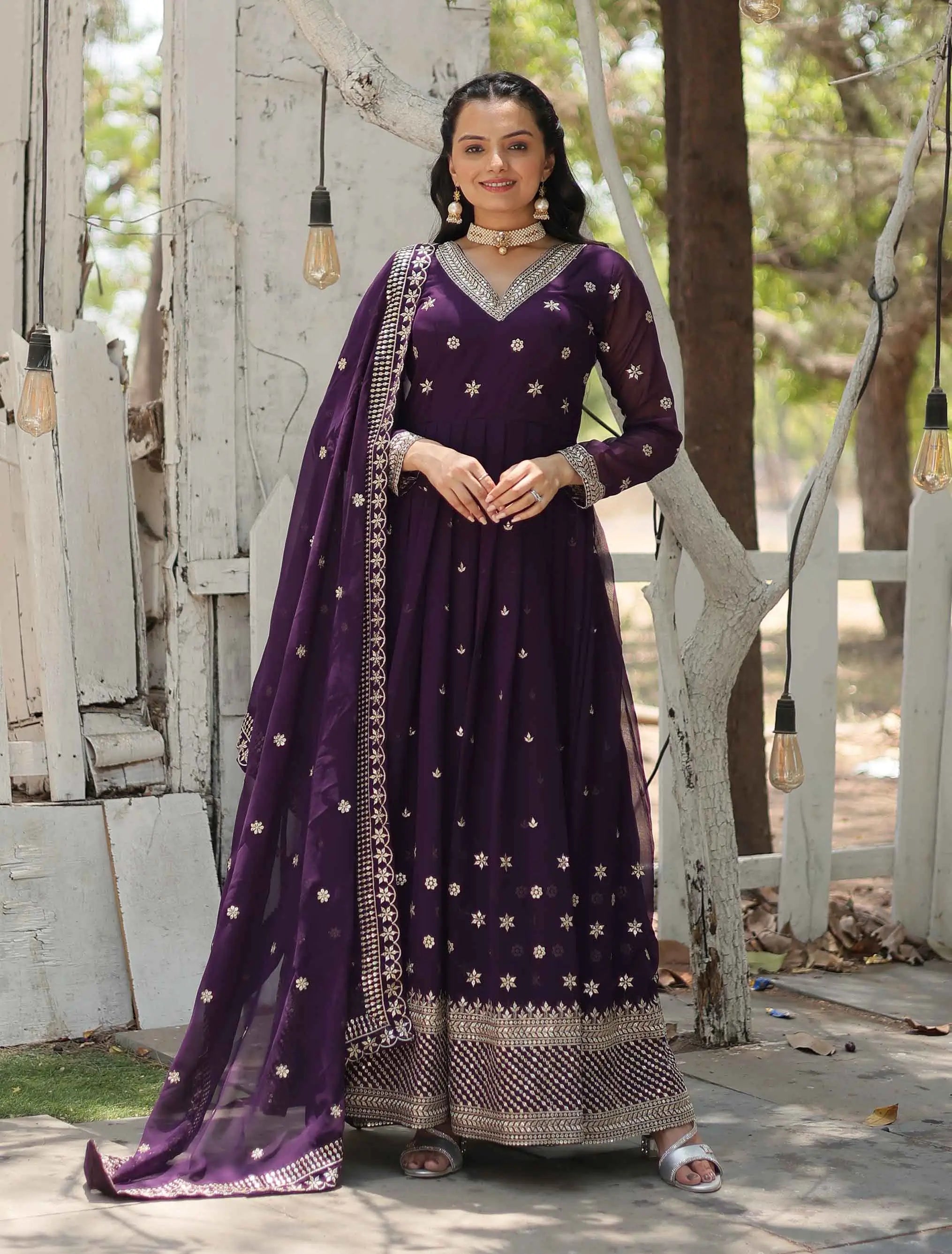 Dark Purple Gown Zari Sequins Embroidery Work And Dupatta - qivii