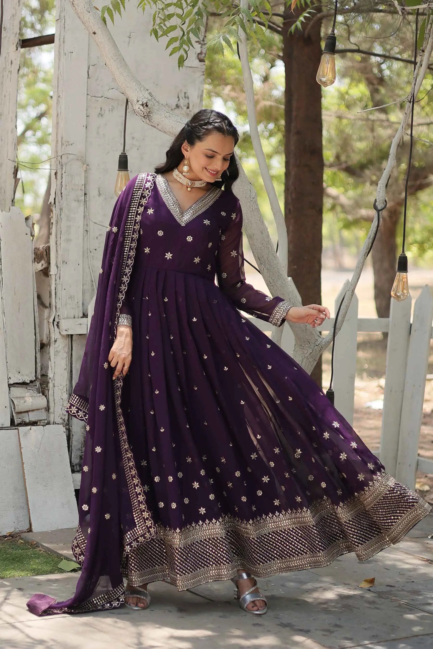 Dark Purple Gown Zari Sequins Embroidery Work And Dupatta - qivii