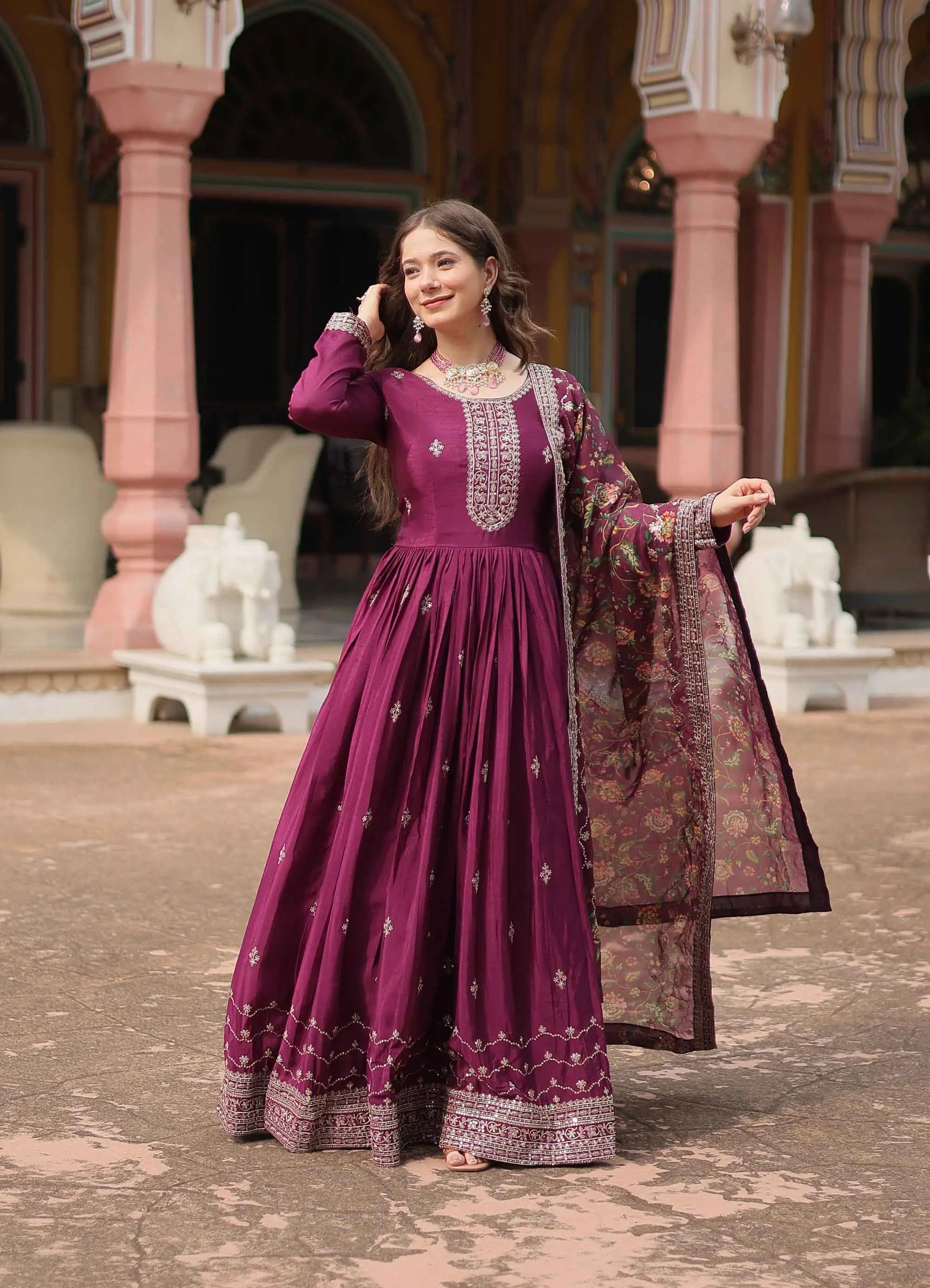 Dark Raspberry Sequins Embroidery Work Gown With Print Dupatta - qivii