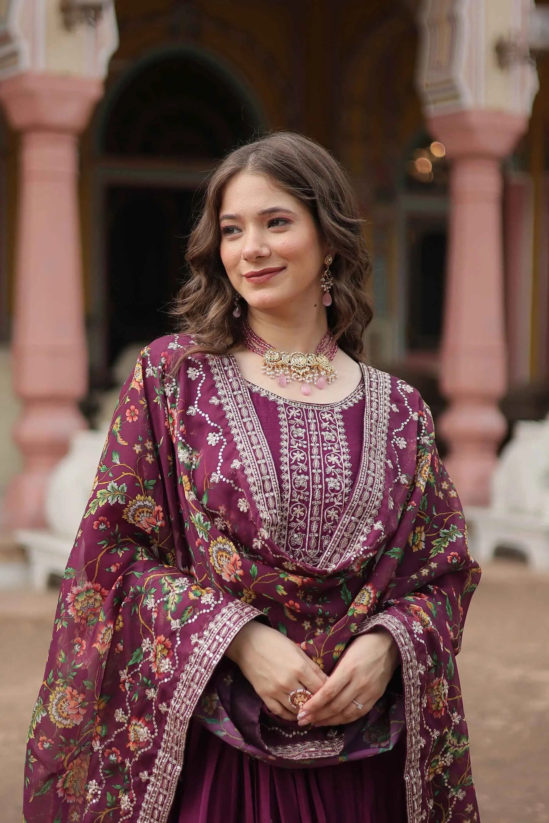 Dark Raspberry Sequins Embroidery Work Gown With Print Dupatta