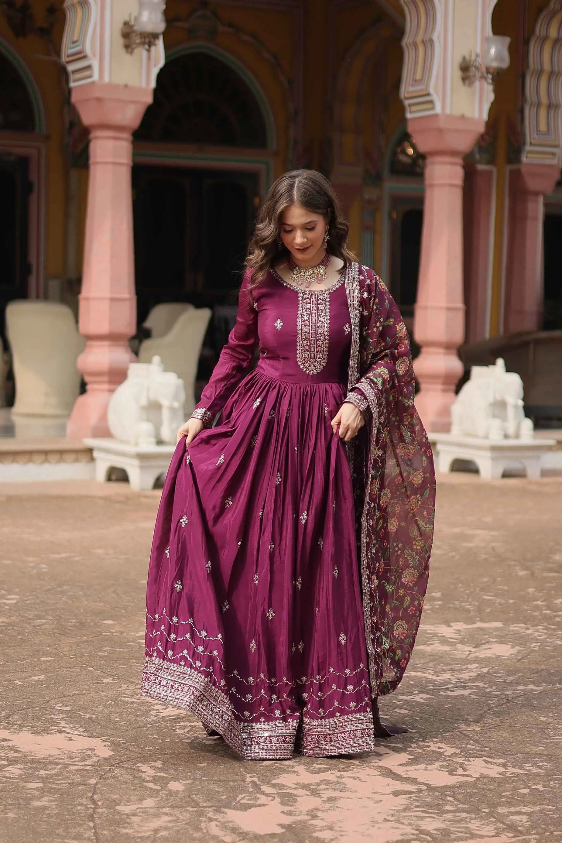 Dark Raspberry Sequins Embroidery Work Gown With Print Dupatta - qivii