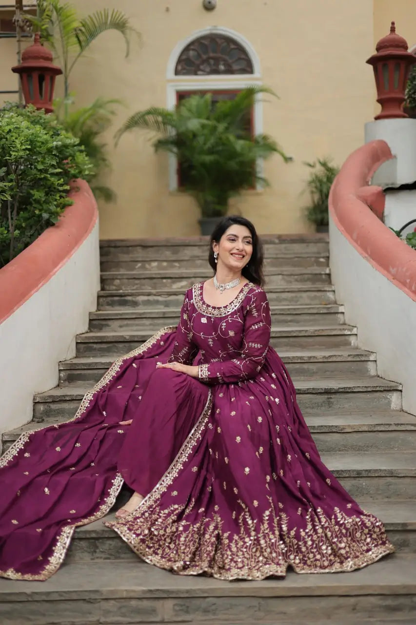 Wine Chinon Rich Sequins Embroidery Work Side Cut Gown With Dupatta And Sharara - qivii