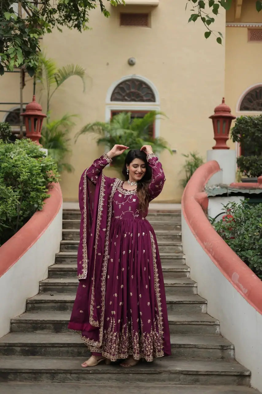 Wine Chinon Rich Sequins Embroidery Work Side Cut Gown With Dupatta And Sharara