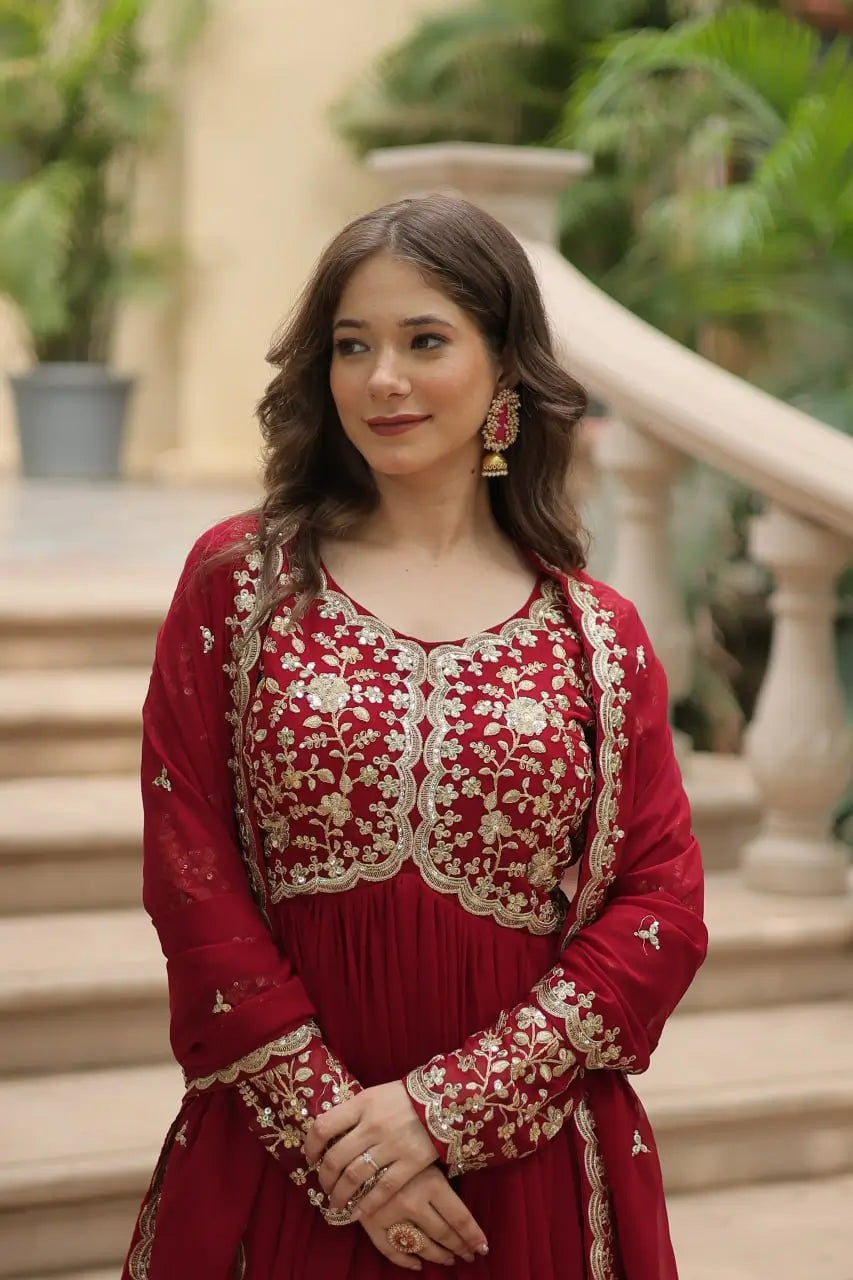 Maroon Georgette Multi Sequins Zari Embroidery Work Gown With Dupatta