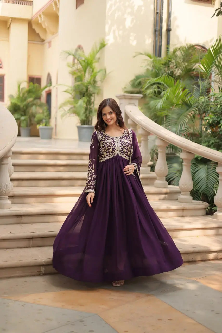 Cinder Wine Georgette Multi Sequins Zari Embroidery Work Gown With Dupatta - qivii
