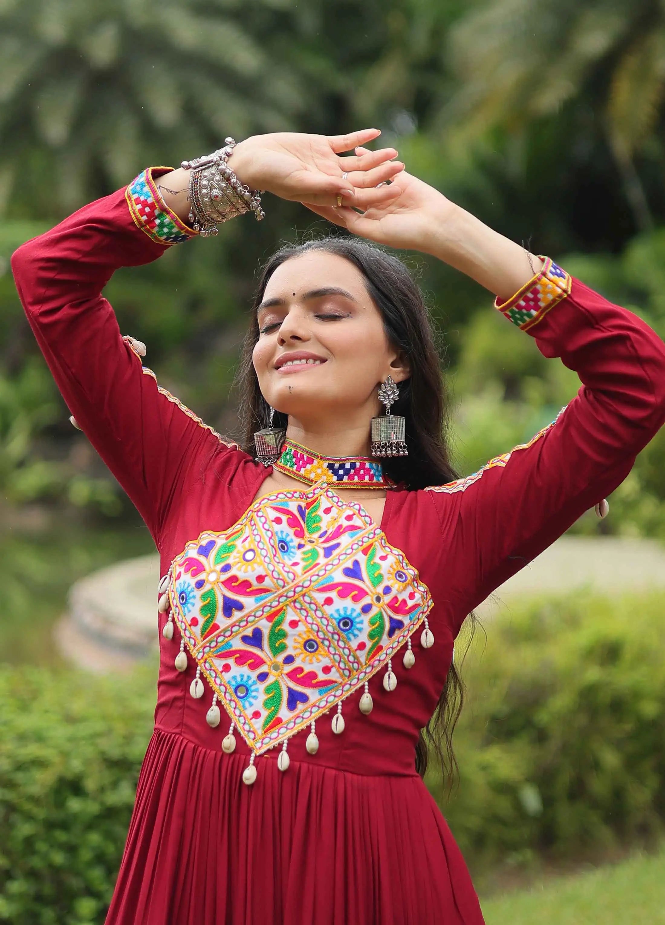 Maroon Rayon Kutchi Gamthi Patch Work Navratri Gown - qivii