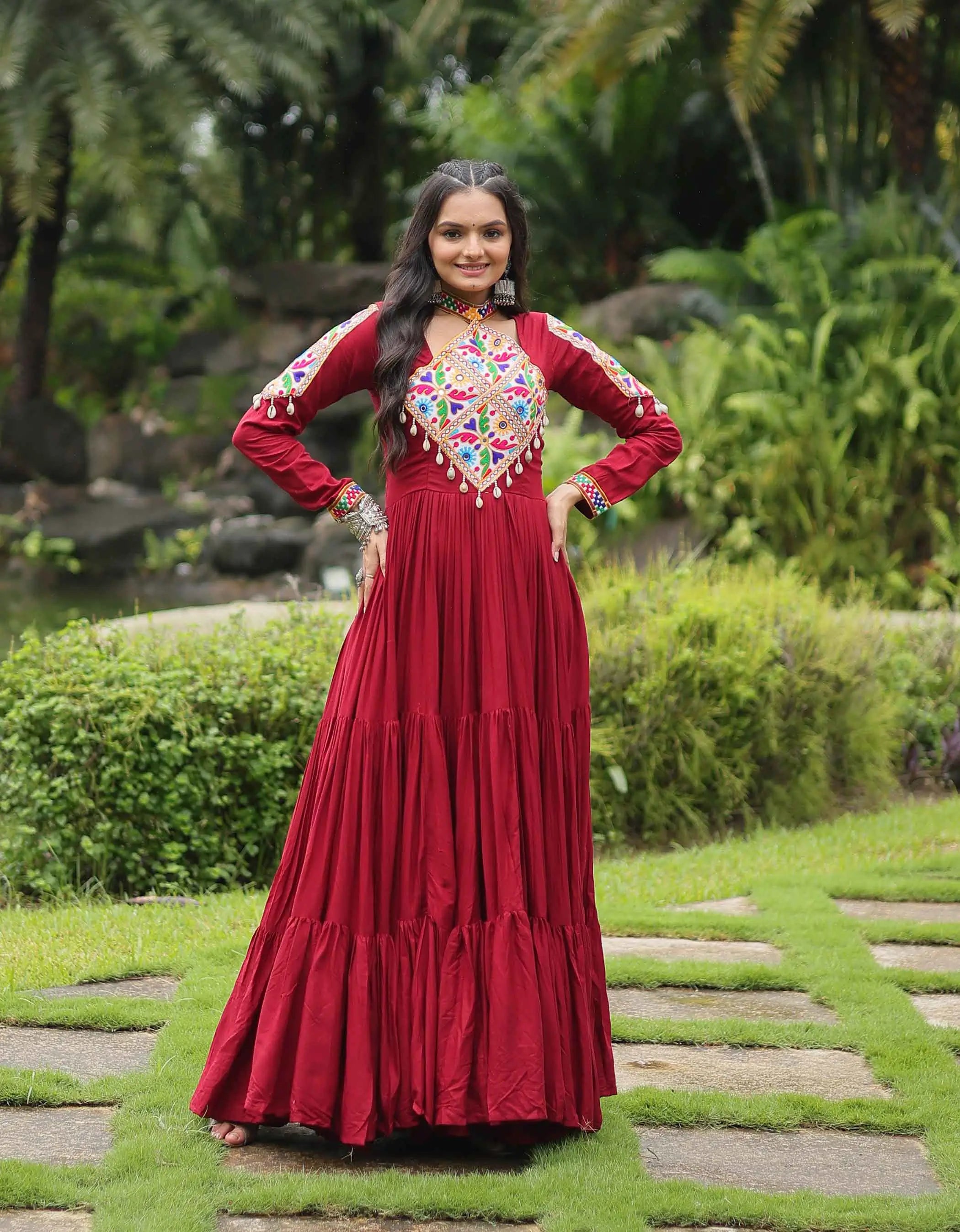 Maroon Rayon Kutchi Gamthi Patch Work Navratri Gown - qivii