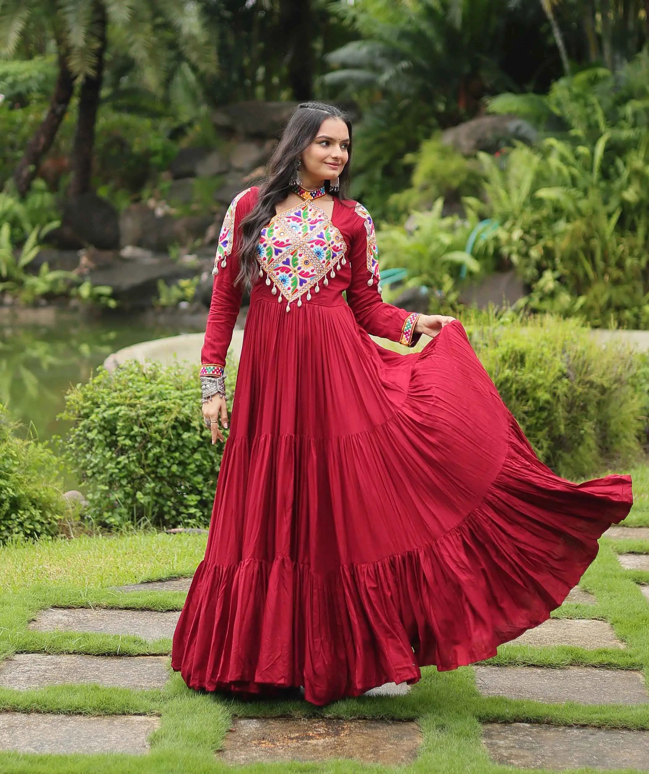 Maroon Rayon Kutchi Gamthi Patch Work Navratri Gown - qivii