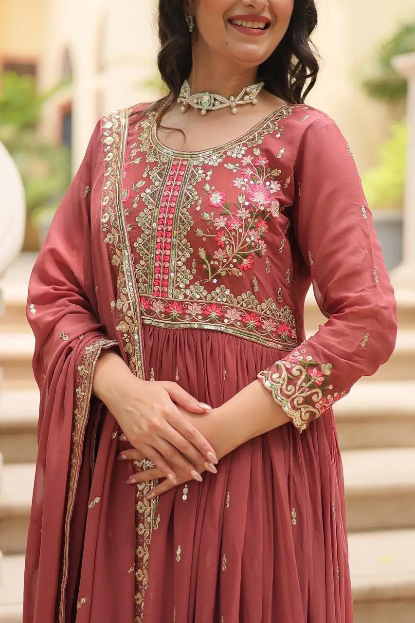 Rose Vale Georgette Embroidery Work Side Cut Gown With Dupatta And Sharara