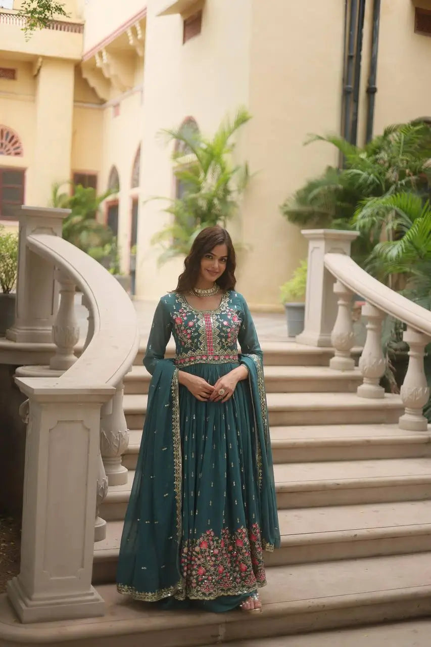 Gable Green Georgette Embroidery Work Side Cut Gown With Dupatta And Sharara