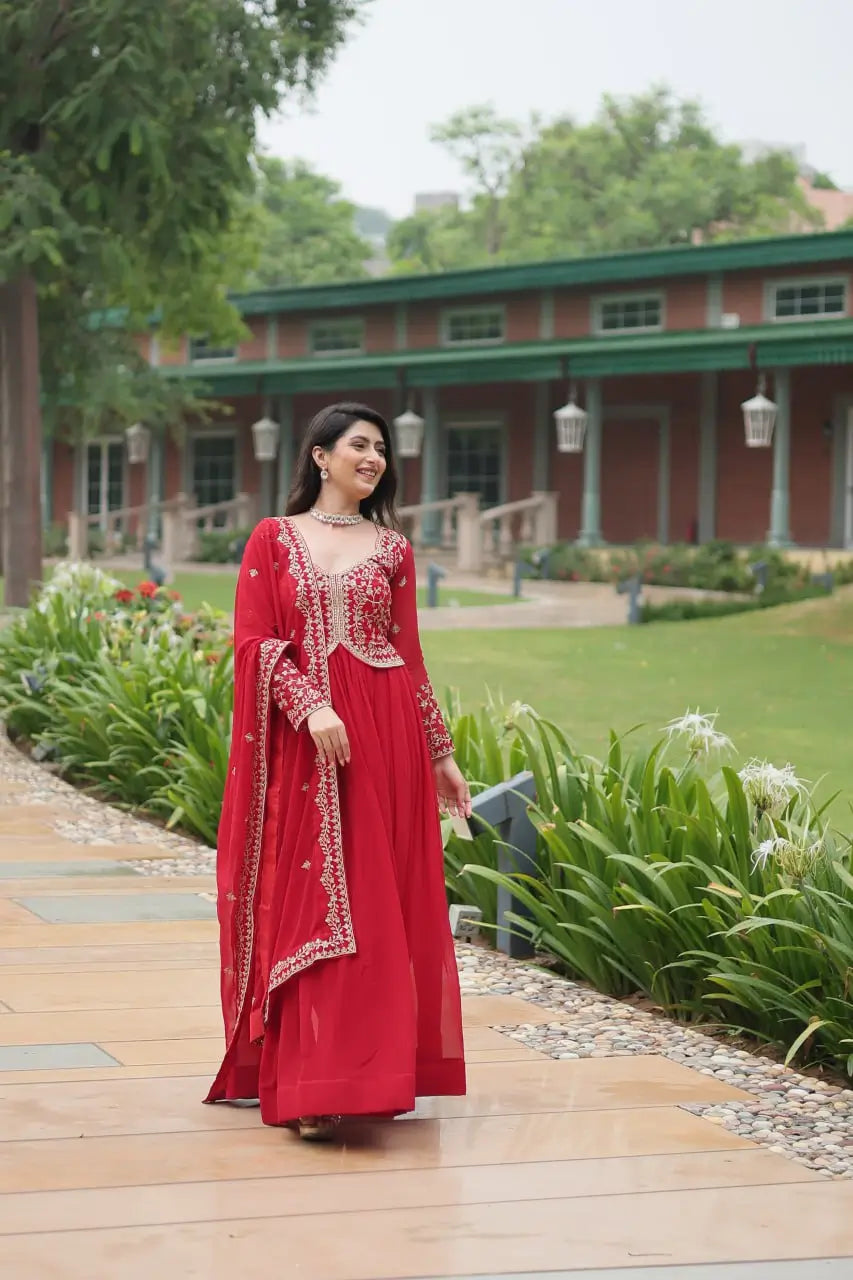 Shiraz Red Zari Multi Sequins Embroidery Work Georgette Gown With Dupatta