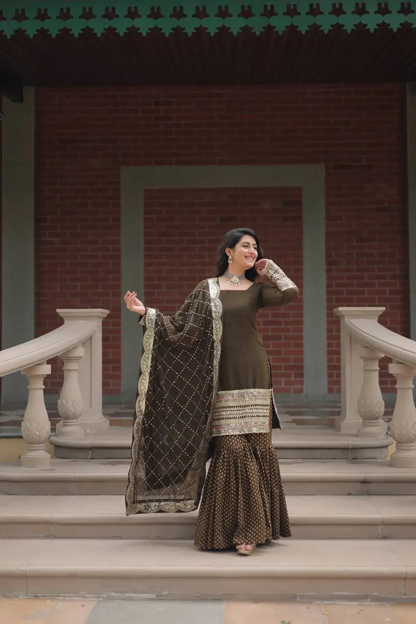 Mehndi Green Georgette Thread Sequins Embroidery Work Sharara Suit With Dupatta