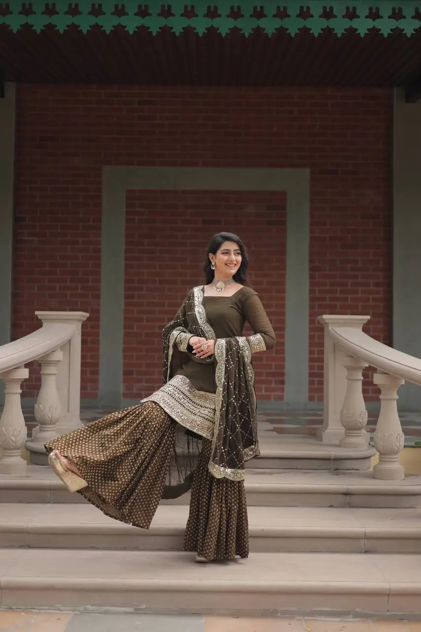 Mehndi Green Georgette Thread Sequins Embroidery Work Sharara Suit With Dupatta