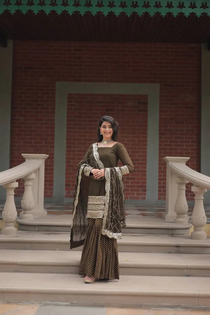 Mehndi Green Georgette Thread Sequins Embroidery Work Sharara Suit With Dupatta