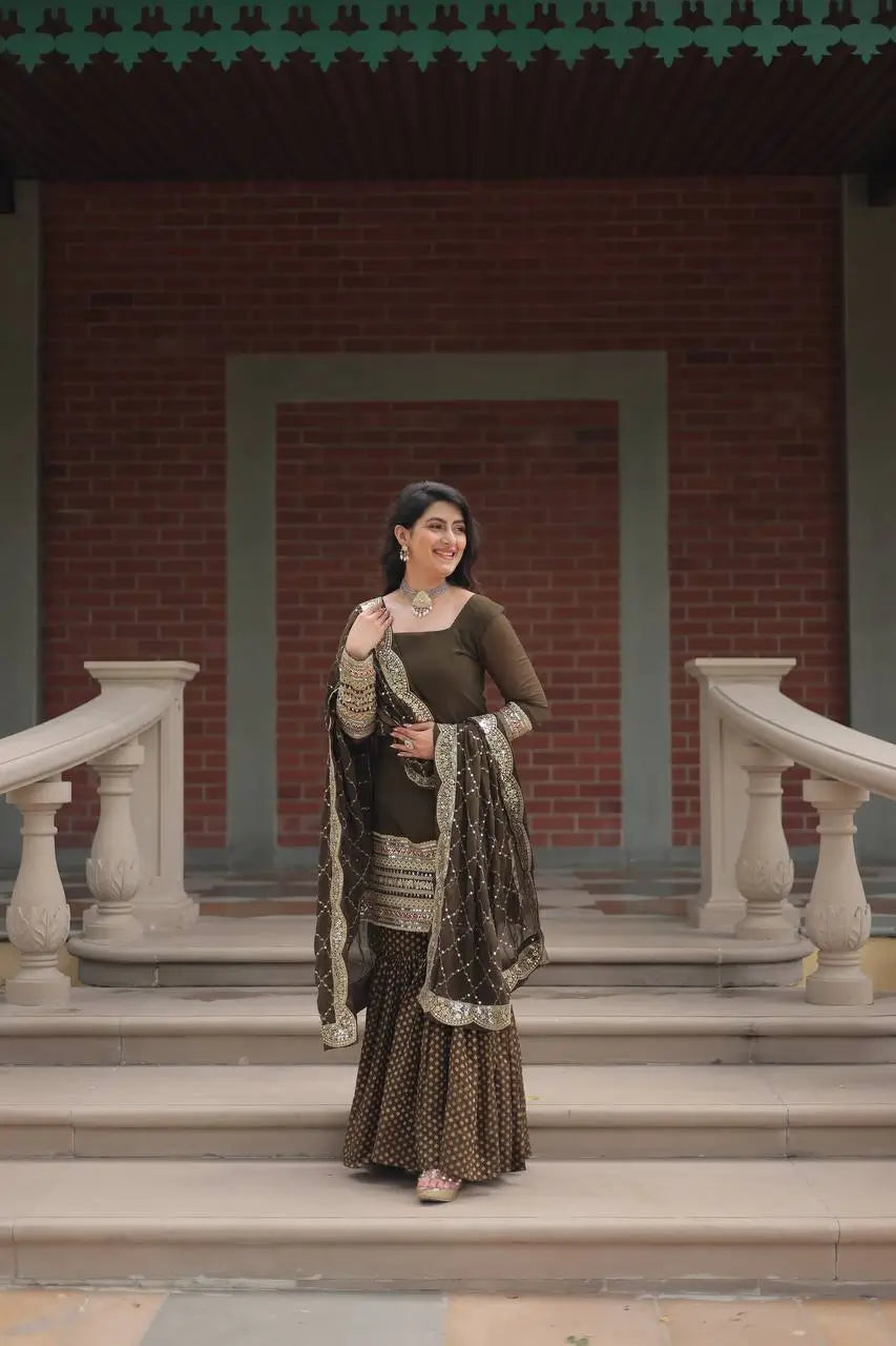 Mehndi Green Georgette Thread Sequins Embroidery Work Sharara Suit With Dupatta
