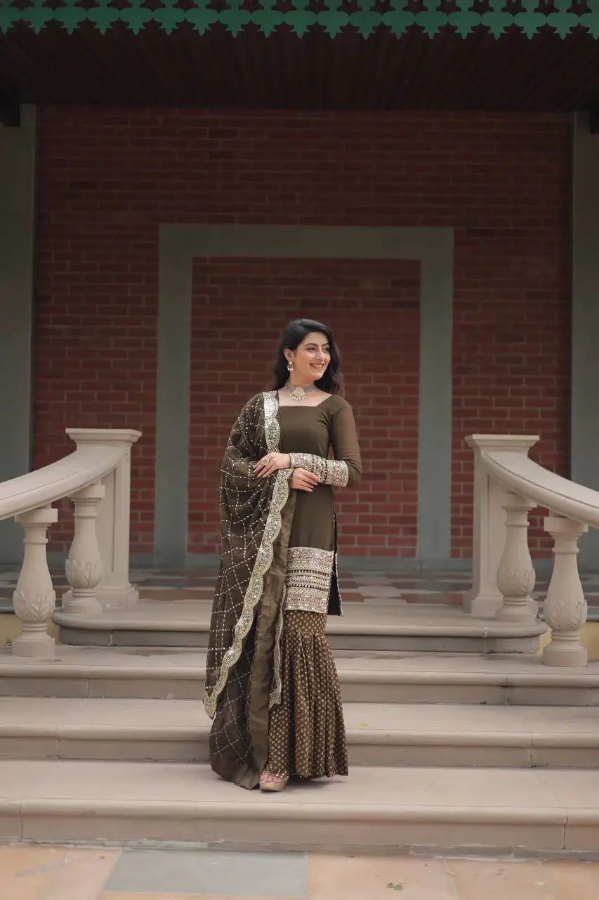 Mehndi Green Georgette Thread Sequins Embroidery Work Sharara Suit With Dupatta