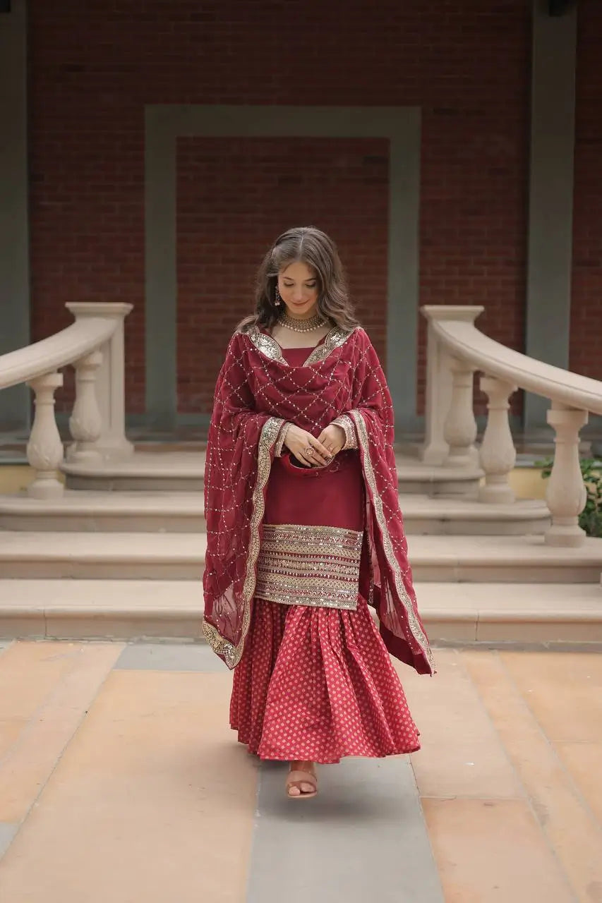 Maroon Georgette Thread Sequins Embroidery Work Sharara Suit With Dupatta - qivii