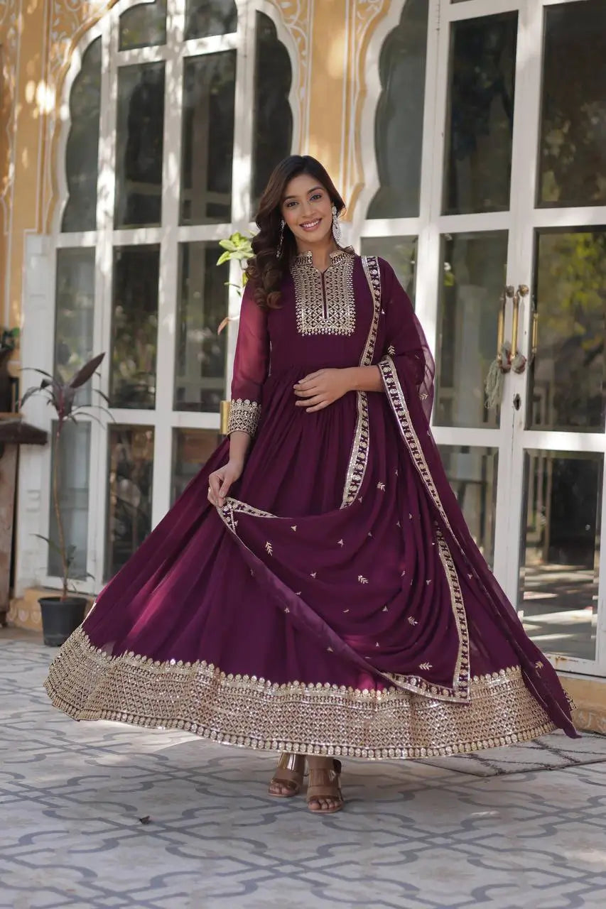 New Wine Georgette Rich Sequins Embroidery Work Gown With Dupatta - qivii