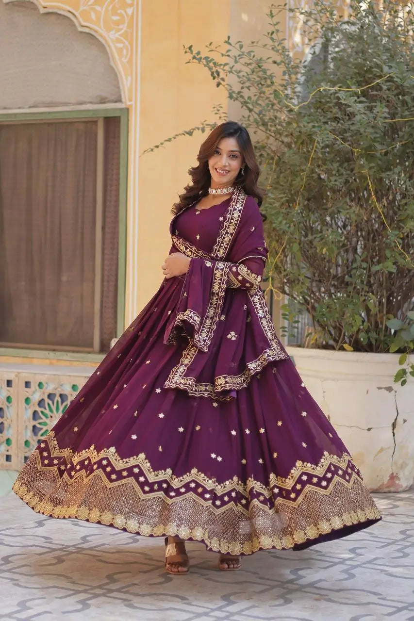 Old Mauve Zari Sequins Embroidery Work Georgette Gown With Dupatta - qivii