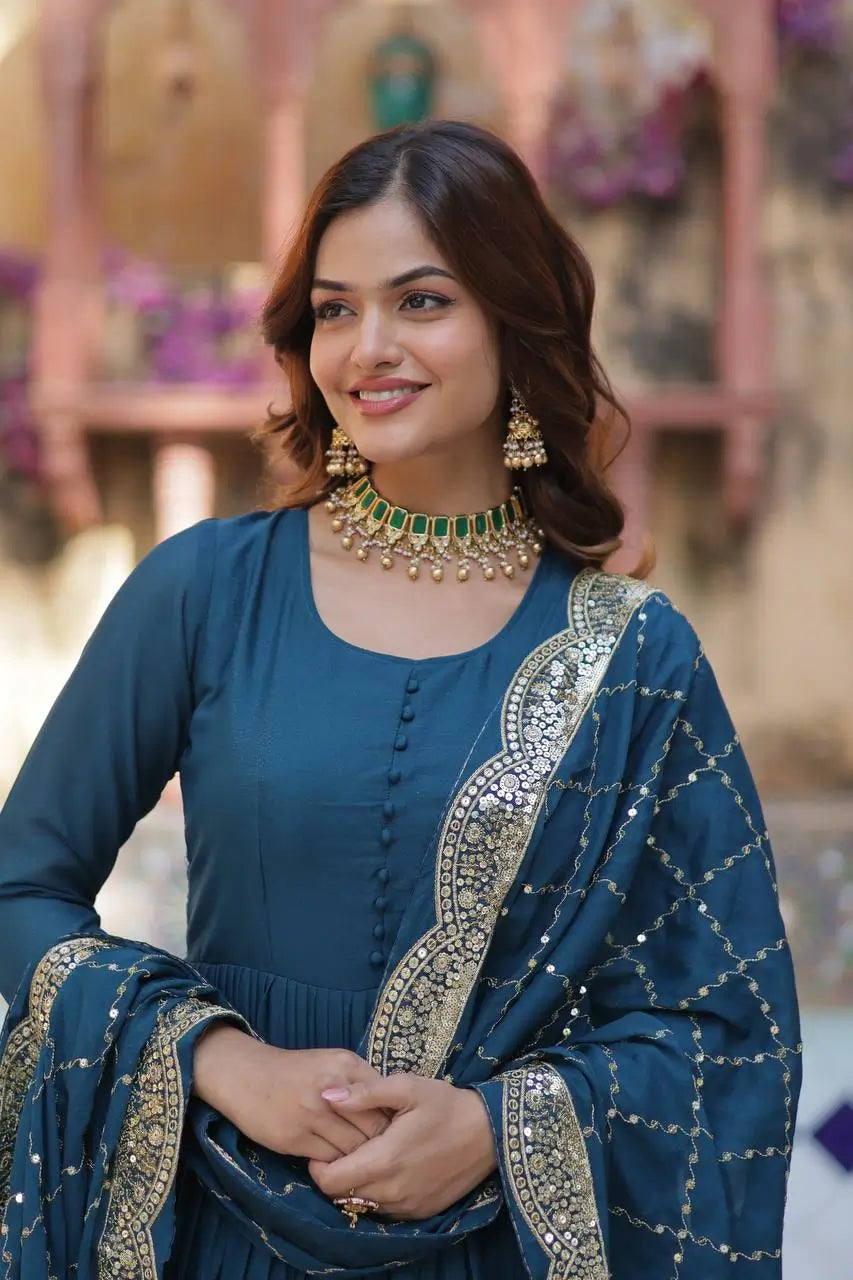 Cyan Blue Georgette Fully Flair Gown With Embroidery Work Dupatta - qivii