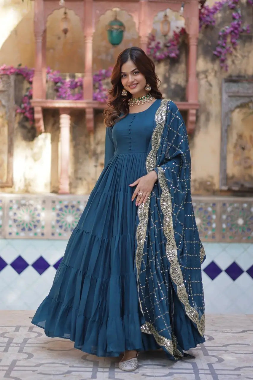 Cyan Blue Georgette Fully Flair Gown With Embroidery Work Dupatta - qivii