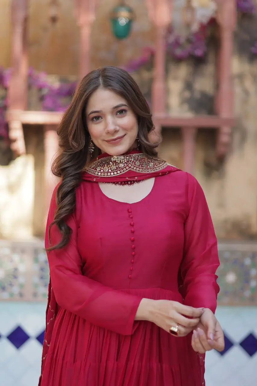 Light Red Georgette Fully Flair Gown With Embroidery Work Dupatta - qivii