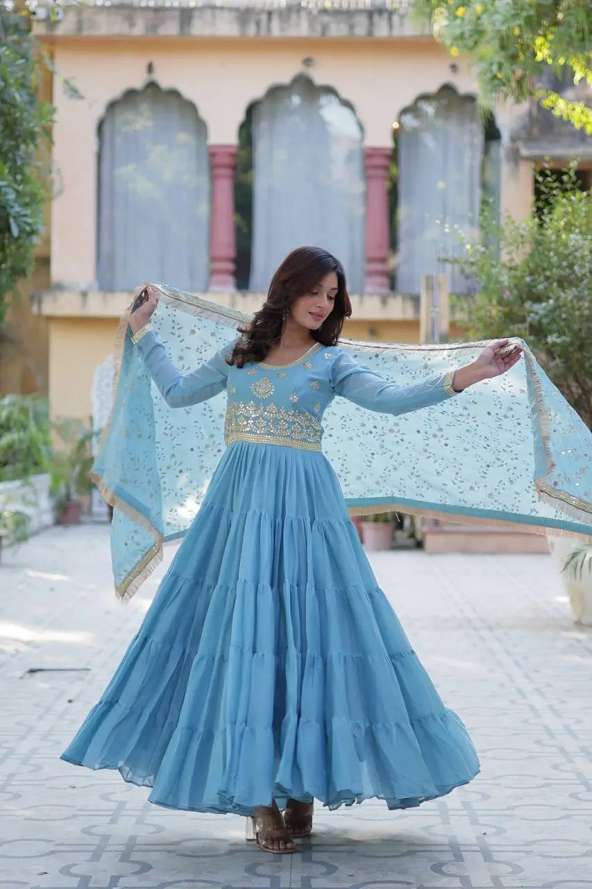 Sky Blue Embroidery Work Georgette Fully Flair Gown And Heavy Dupatta - qivii