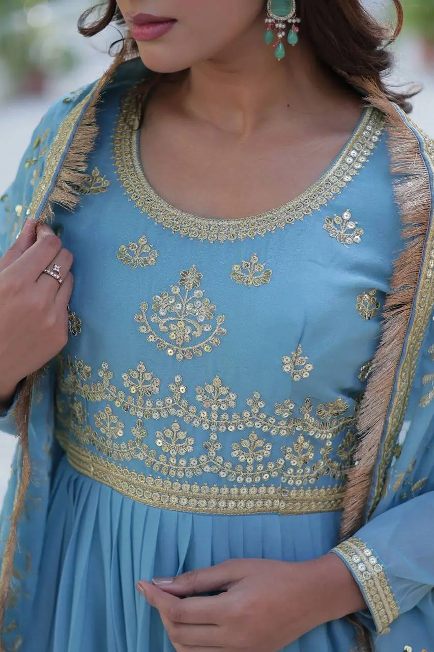 Sky Blue Embroidery Work Georgette Fully Flair Gown And Heavy Dupatta
