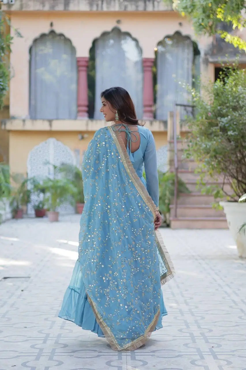 Sky Blue Embroidery Work Georgette Fully Flair Gown And Heavy Dupatta - qivii