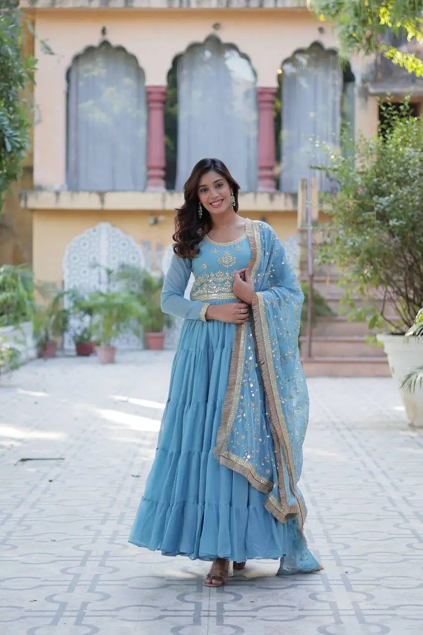 Sky Blue Embroidery Work Georgette Fully Flair Gown And Heavy Dupatta - qivii
