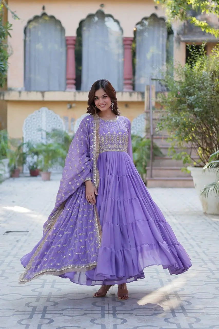 Light Purple Georgette Fully Flair Gown With Embroidery Work And Heavy Dupatta - qivii