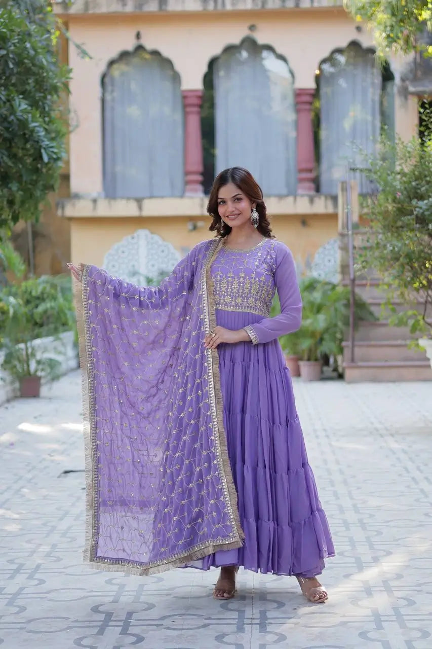 Light Purple Georgette Fully Flair Gown With Embroidery Work And Heavy Dupatta - qivii