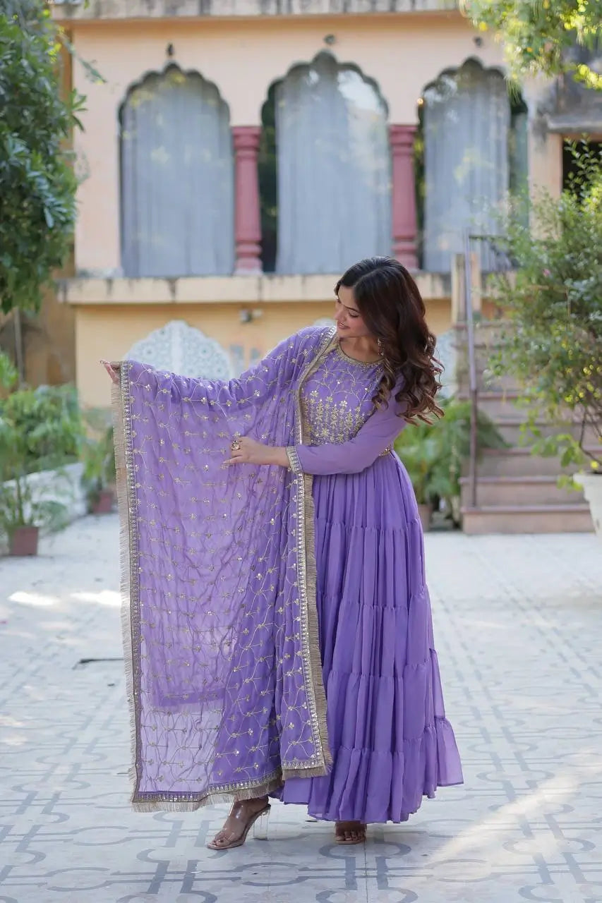 Light Purple Georgette Fully Flair Gown With Embroidery Work And Heavy Dupatta - qivii
